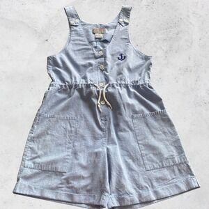 Vintage 90s Romper Womens Medium Nautical Blue Preppy Sailing Beach Vacation